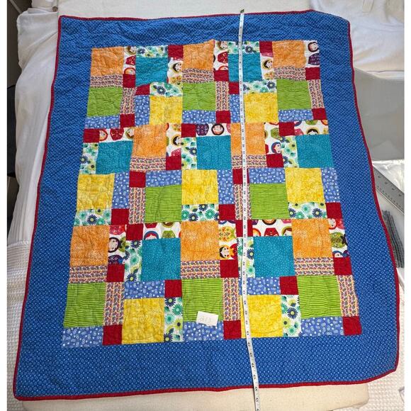 Handmade Baby Quilt Vibrant Colors Excellent condition Block Lime Green Red Blue - Picture 2 of 9